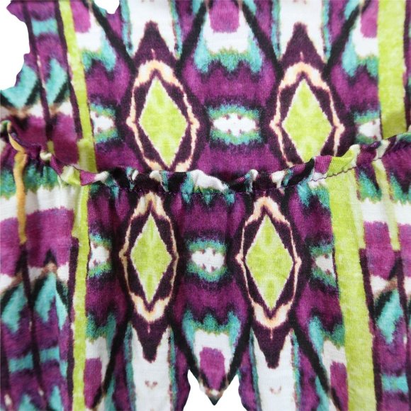 CHICOS 2 L Rayon Purple Green Abstract Print Ruffle Neck 3/4 Sleeve Knit Top - Picture 4 of 5